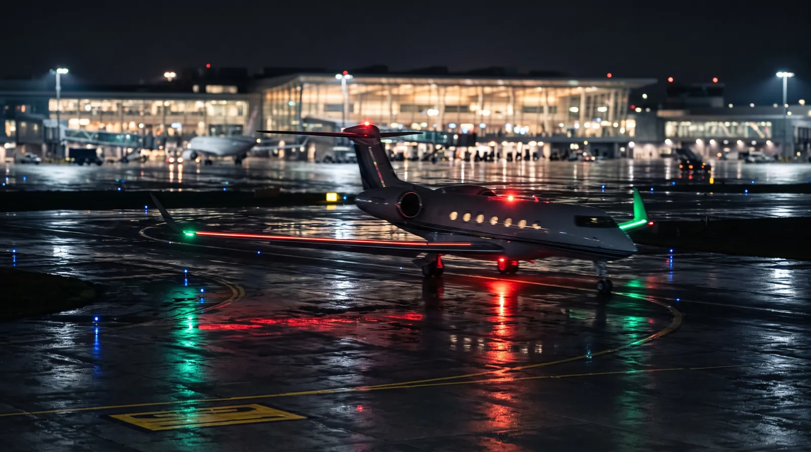 A private jet taxiing at night with light streaks reflected on the wet apron