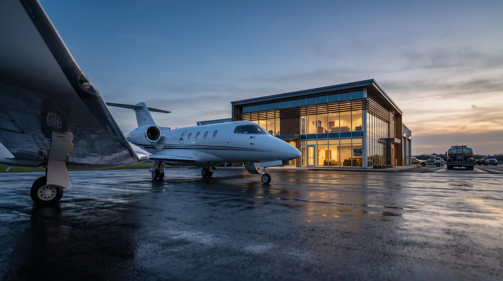 Business jet on a wet apron at dusk outside a lit private aviation terminal
