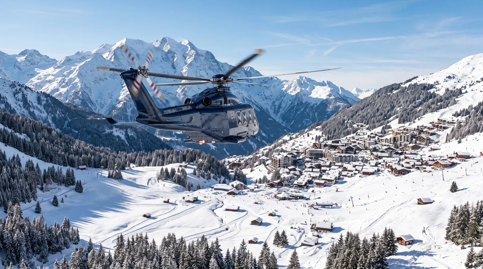 Helicopter flying over a snowy Alpine valley towards a ski resort on a sunny day