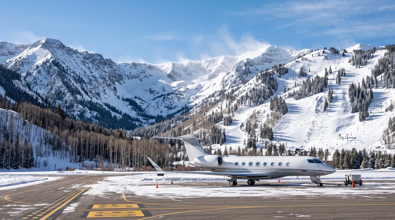 Business jet on a snowy mountain airport ramp with ski slopes and high peaks behind