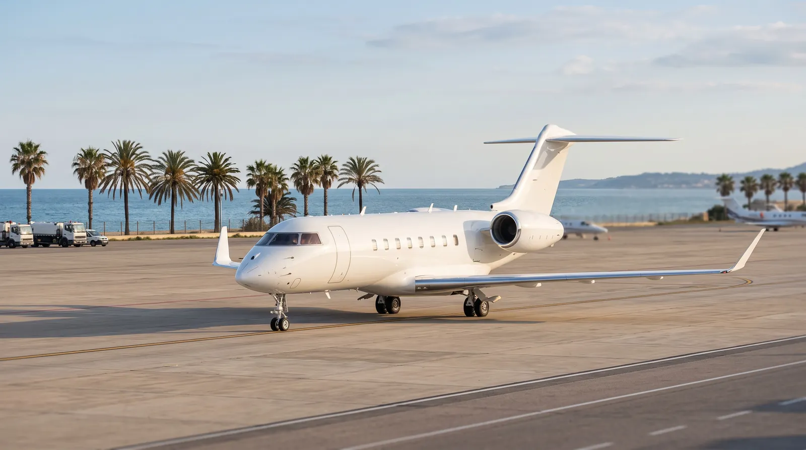 Super midsize business jet taxiing on a sunlit coastal apron with palm trees behind.
