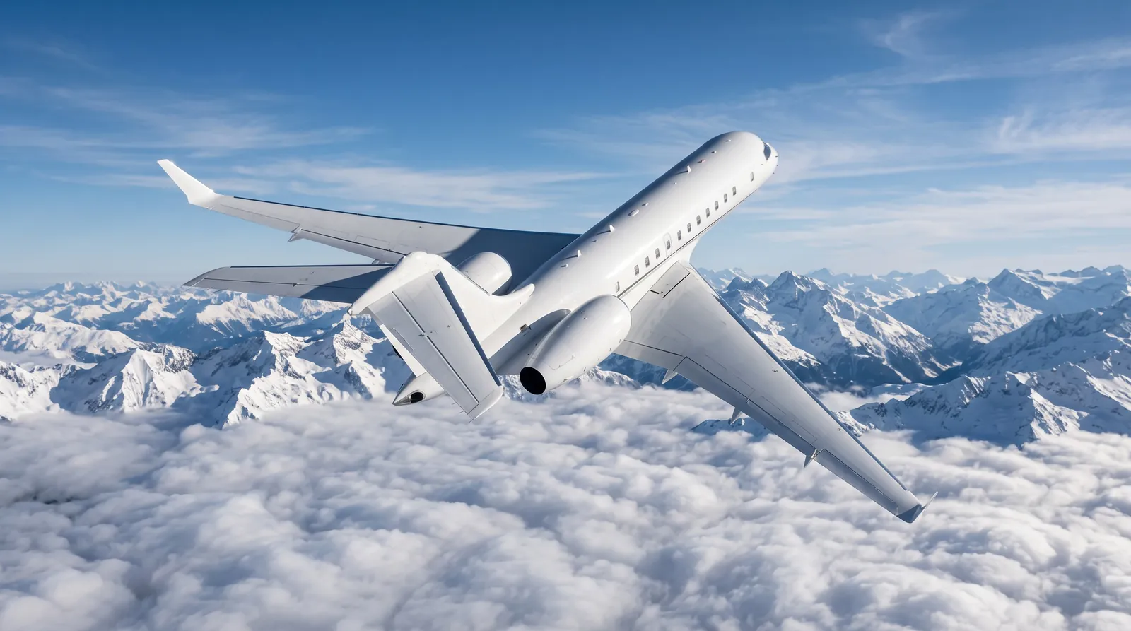 Long-range business jet climbing above clouds over a snow-covered mountain range in morning light.