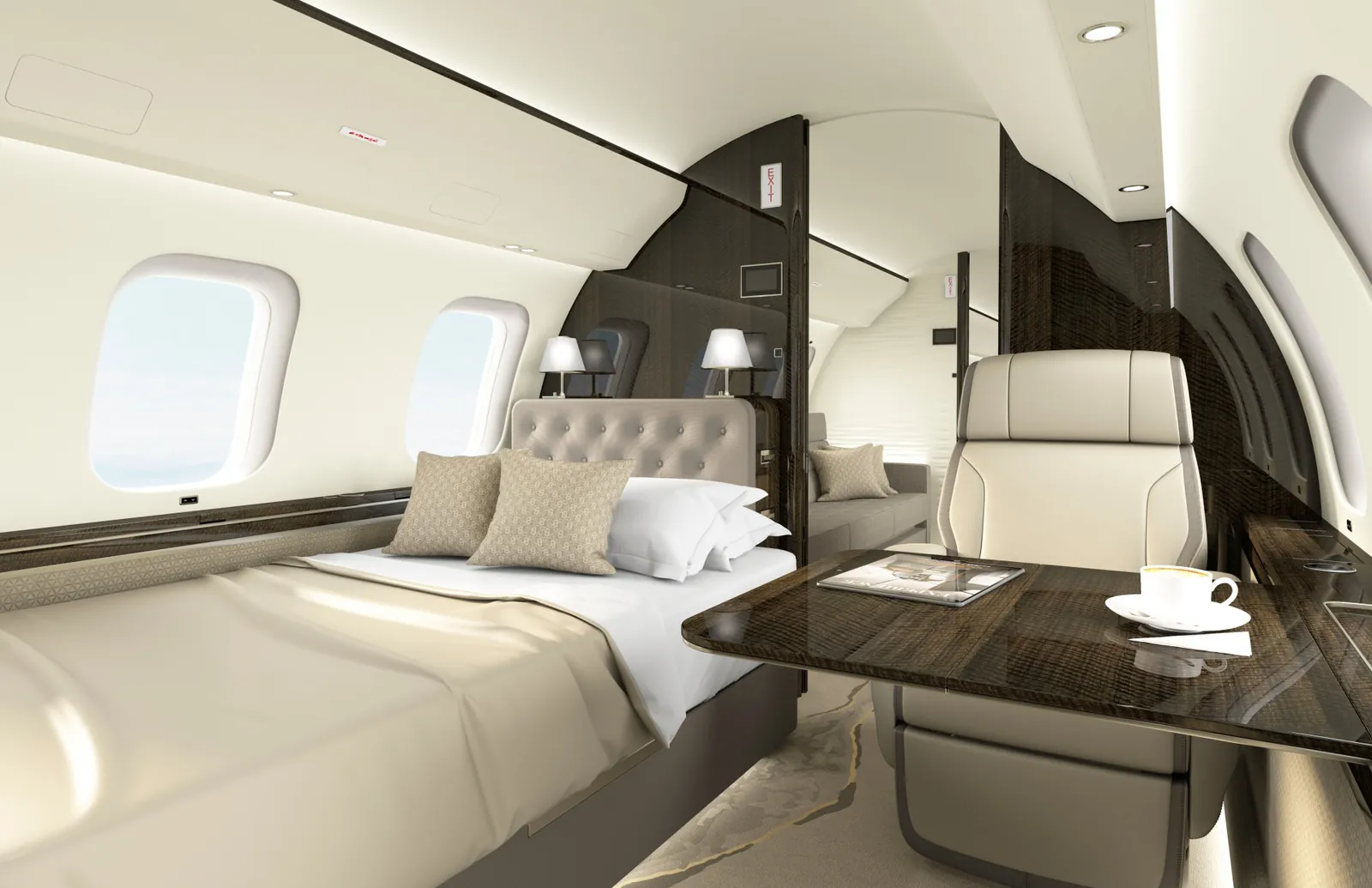 Sleeping area with a double bed in the cabin of the Bombardier Global 8000