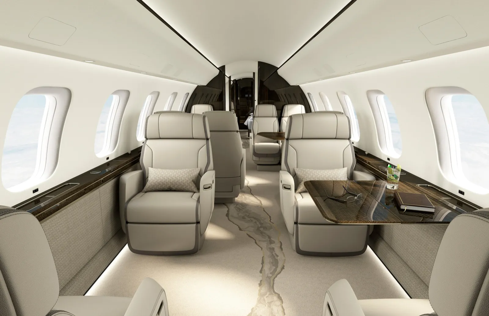Cabin of the Bombardier Global 8000 with club seats and a table