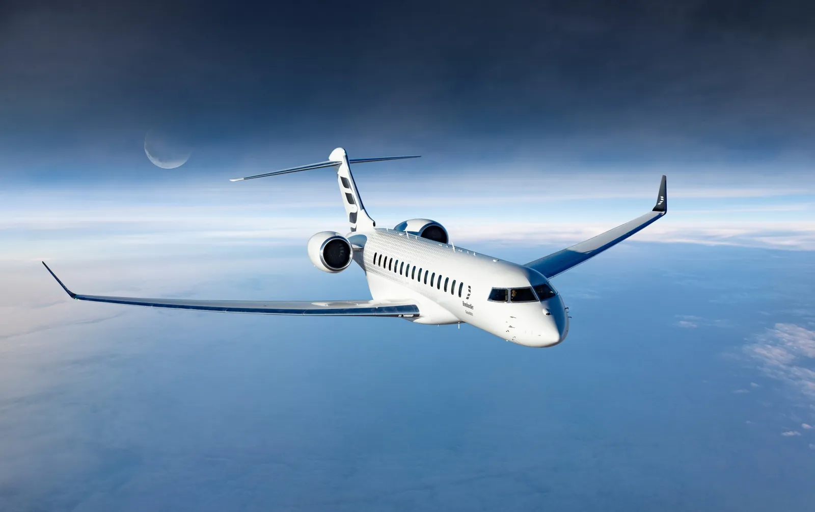 Bombardier Global 8000 above the clouds with the moon in the sky