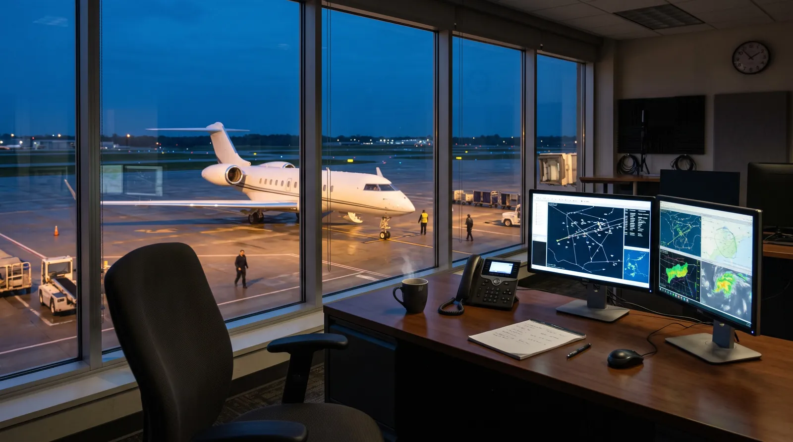 An empty operations desk with monitors overlooking a parked business jet at blue hour.