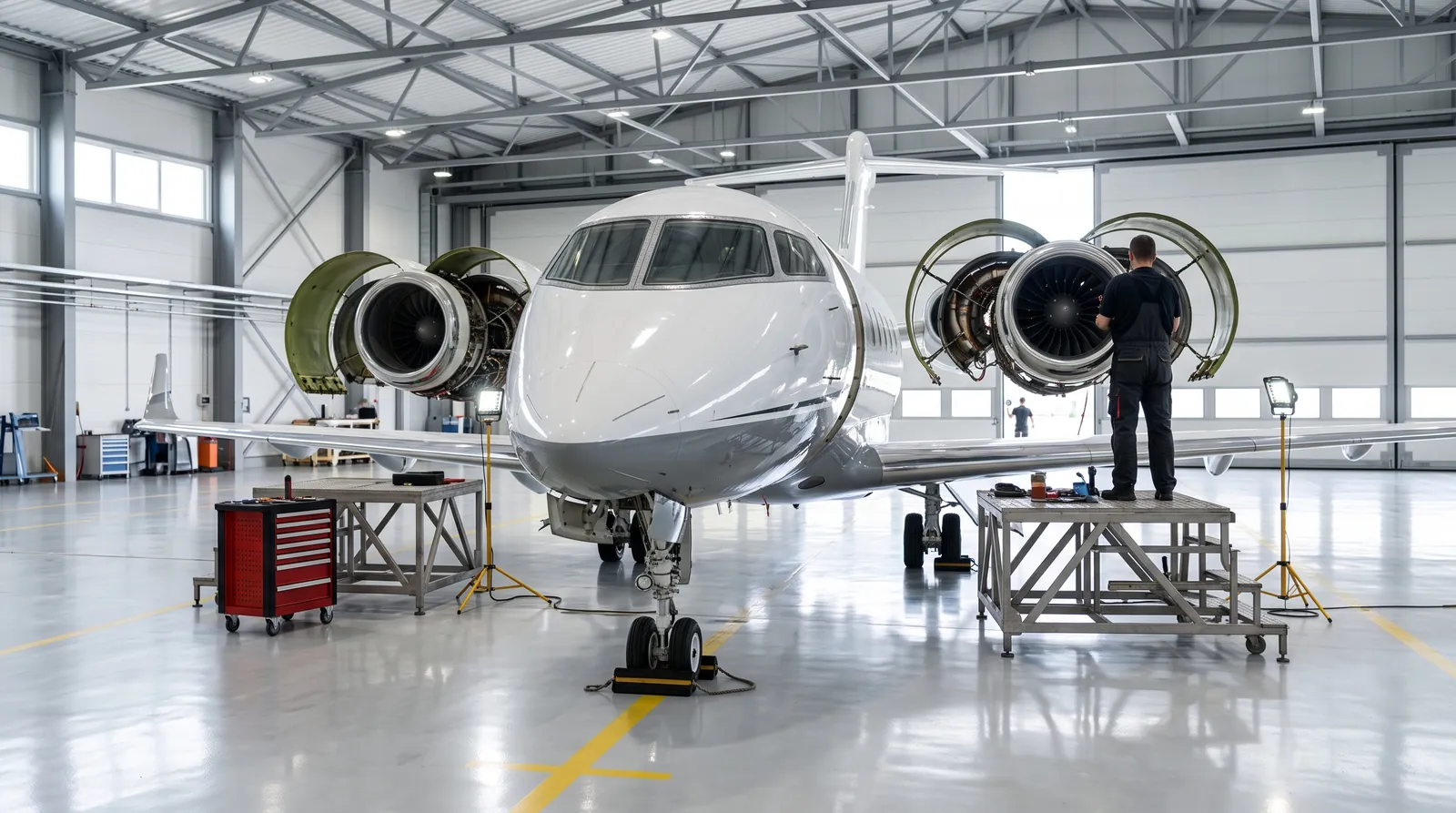 A business jet with open engine cowlings under inspection in a bright maintenance hangar.