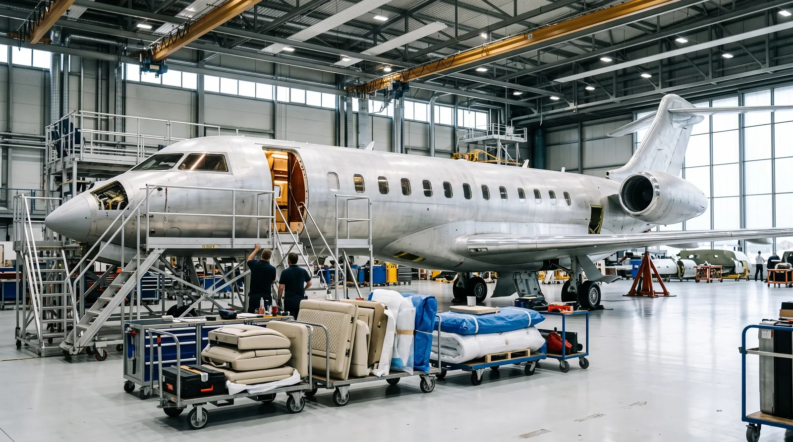 Unpainted business airliner in a completion hangar with scaffolding and wrapped cabin panels