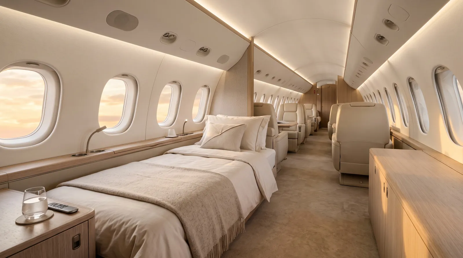 Long-range business jet cabin with a made-up divan, oak veneer and warm window light