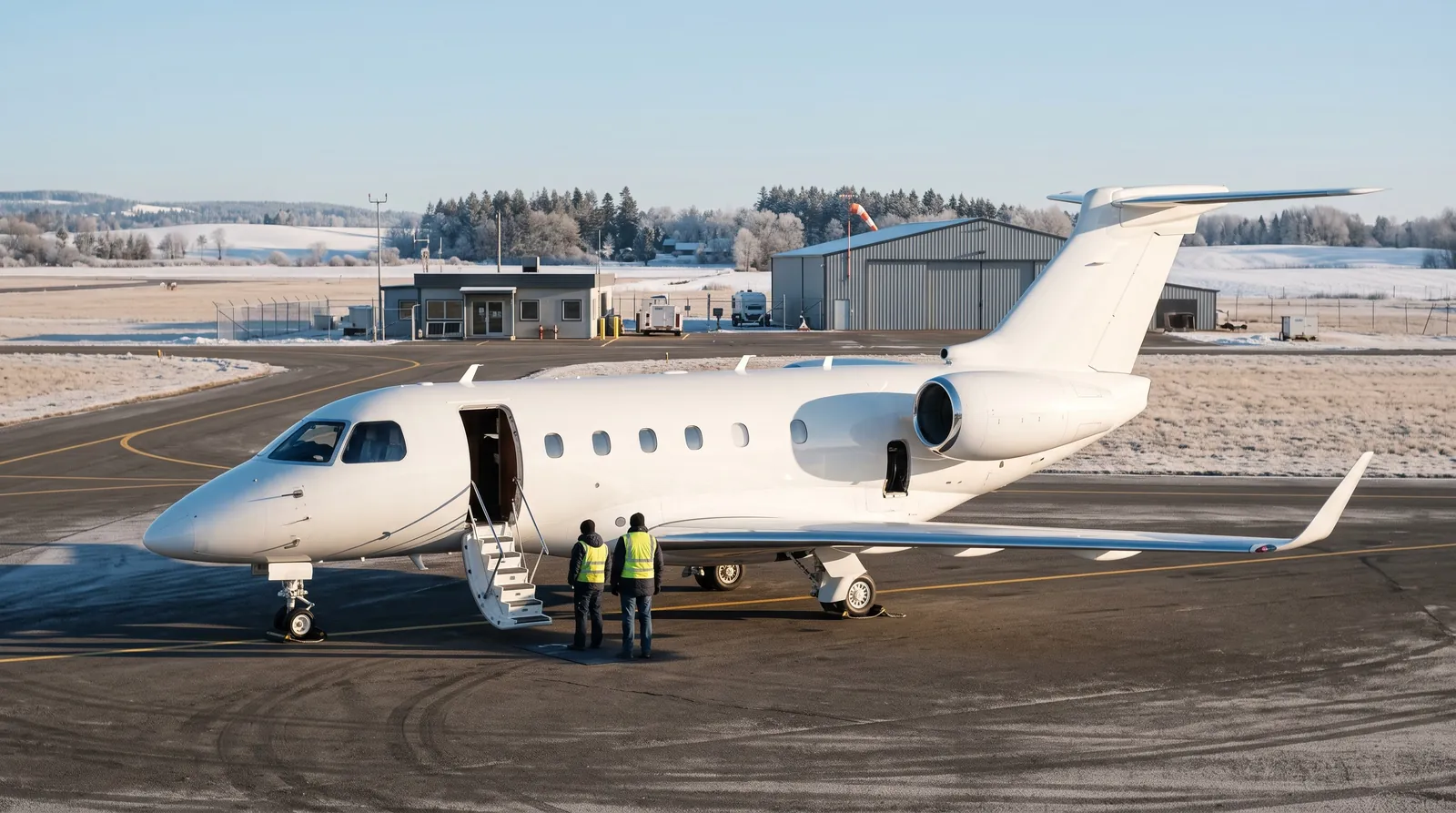 Midsize T-tail business jet with its door open on a frosty regional airport apron.