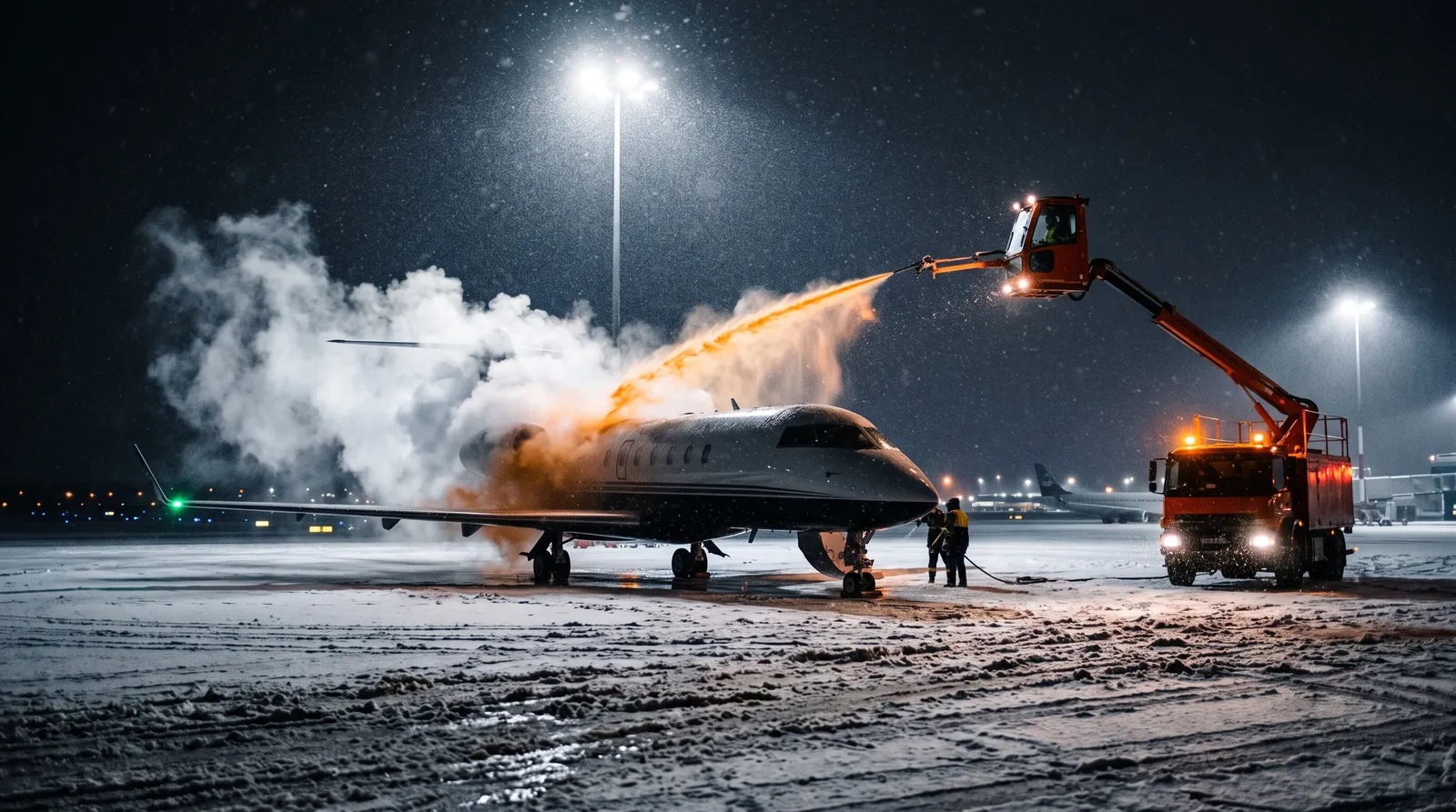 A de-icing truck spraying fluid over a business jet wing at night in falling snow.
