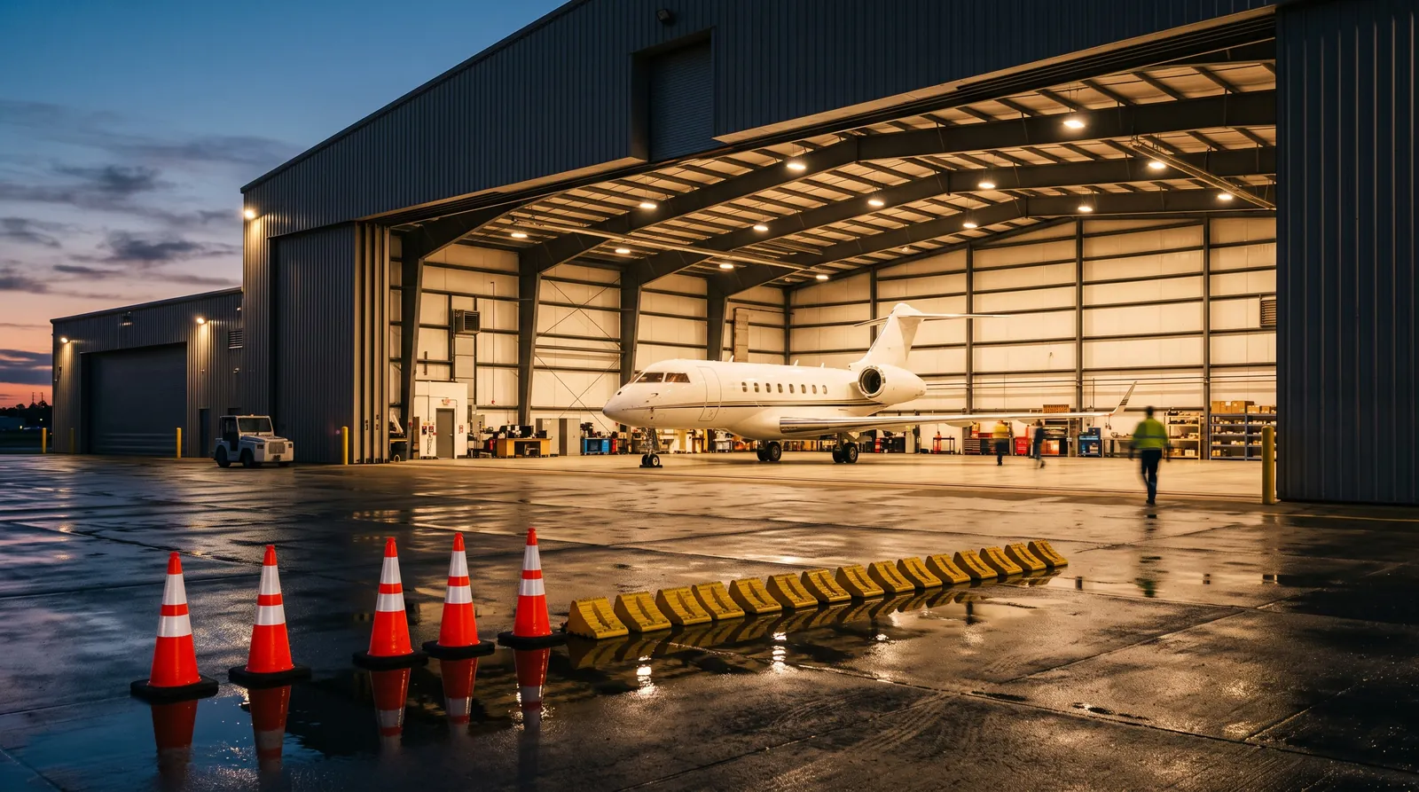 A business jet inside a brightly lit hangar at dusk, seen across a wet apron.