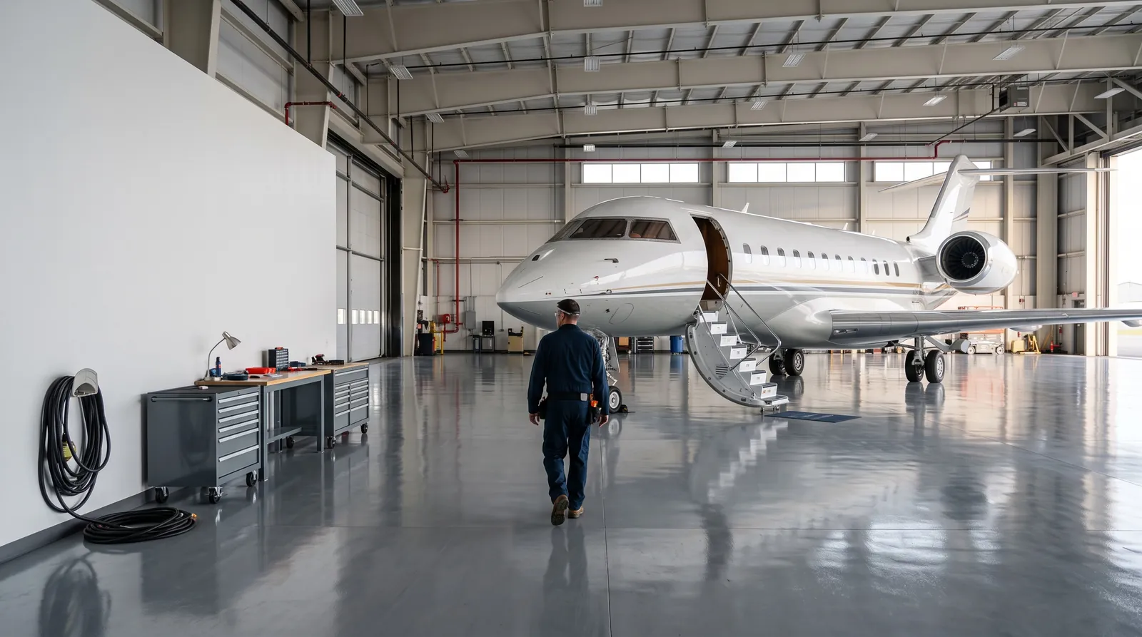 Business jet parked in a bright corporate hangar with a technician walking towards it