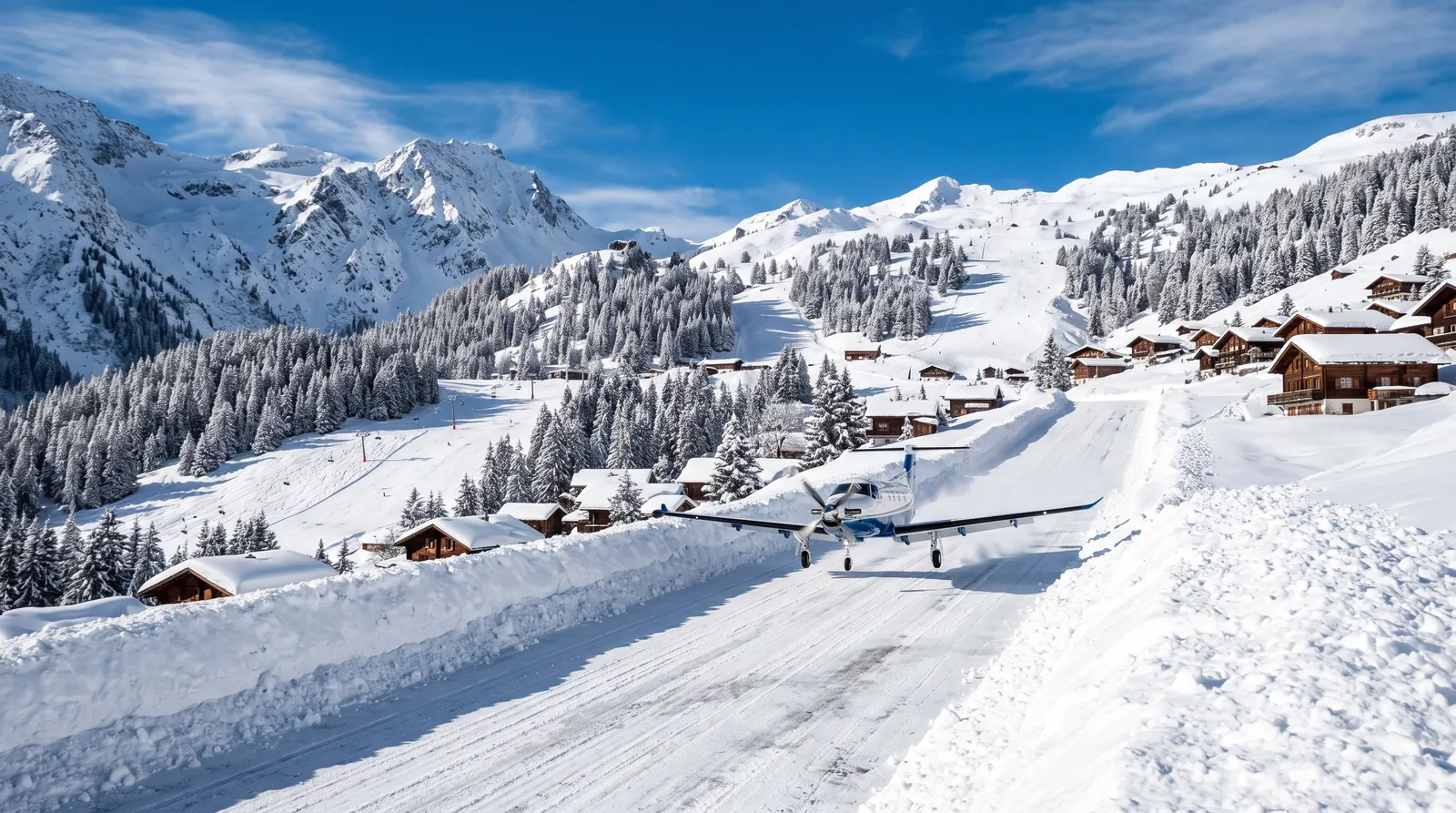 Turboprop landing uphill on the steep, snow-lined altiport runway at Courchevel