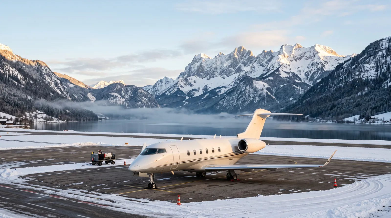 Business jet on a snowy alpine apron with a lake and mountains behind at sunrise