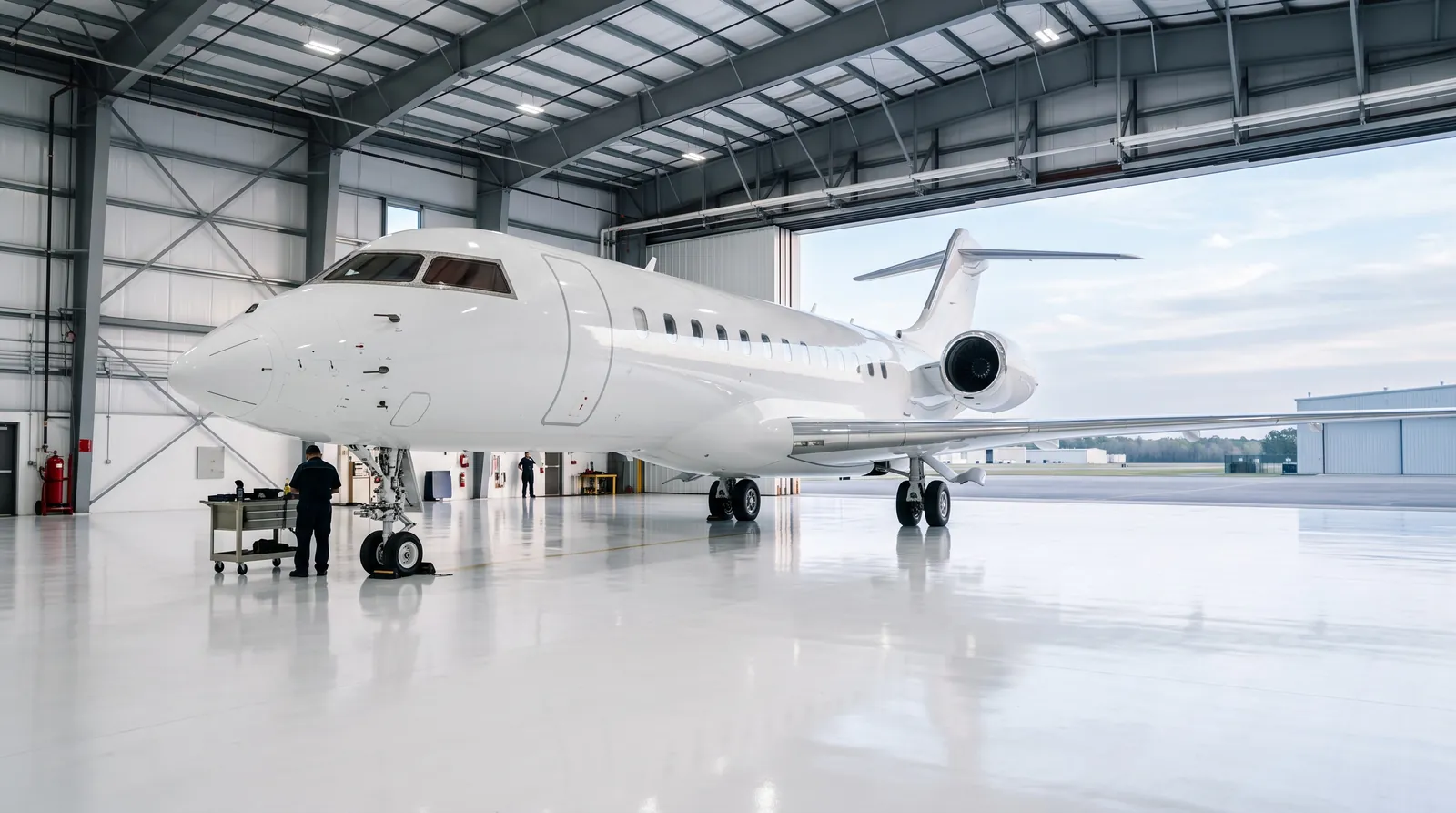 A large cabin business jet in a bright hangar with the doors open to the morning sky