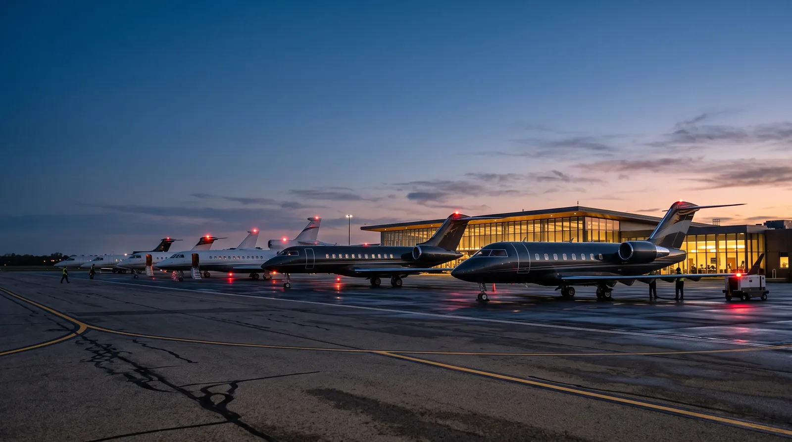 Private jets parked in a row at a business aviation apron at dusk