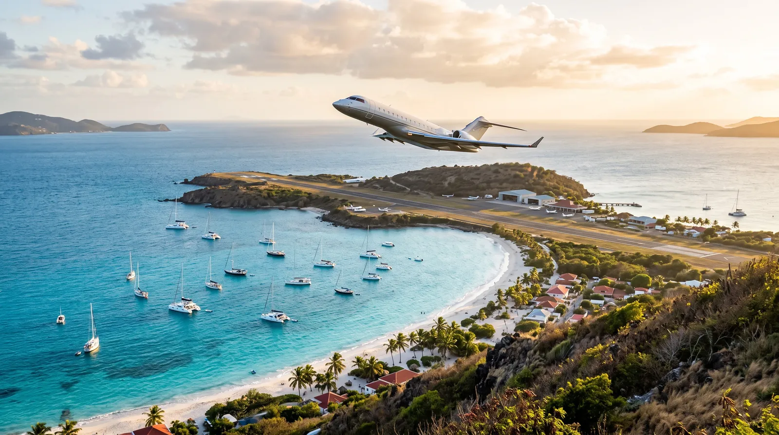 A business jet climbing away from an island airport over turquoise water