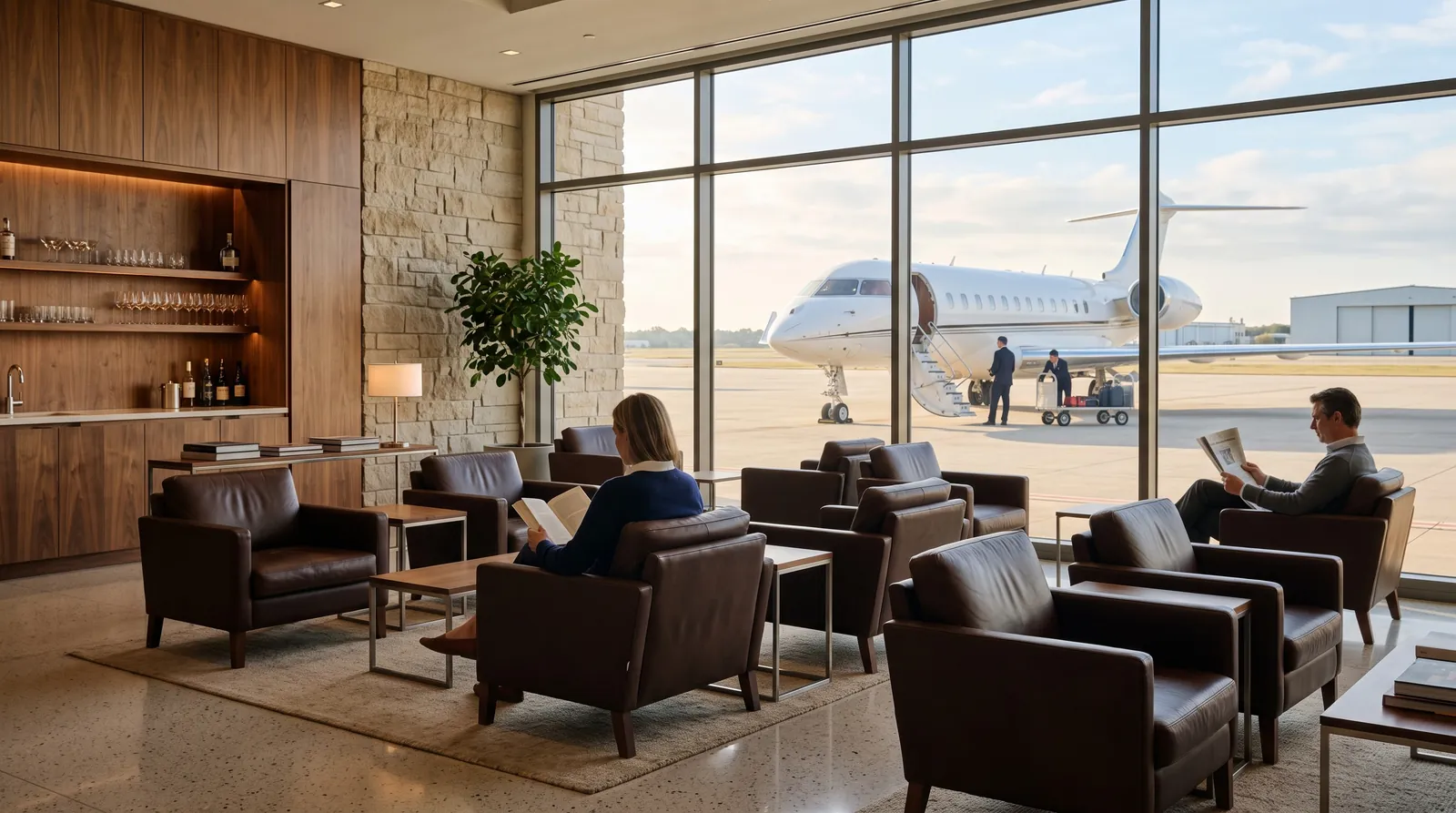 A quiet private terminal lounge with a jet waiting outside the window
