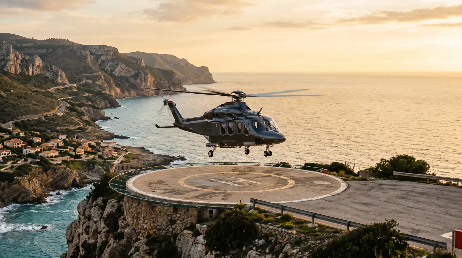 A twin engine helicopter landing on a coastal helipad above the sea at golden hour