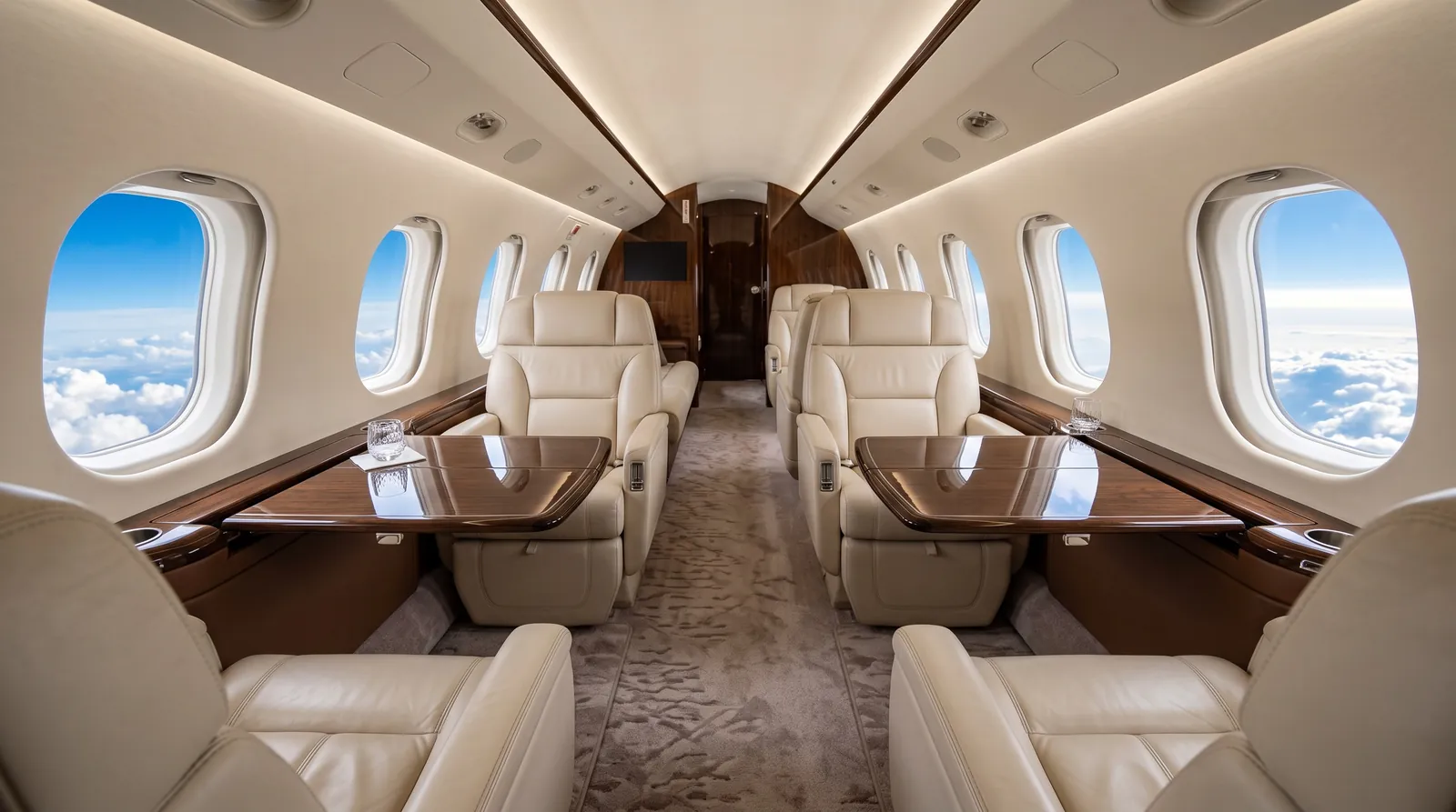 An empty long range jet cabin with leather club seats and oval windows above the clouds