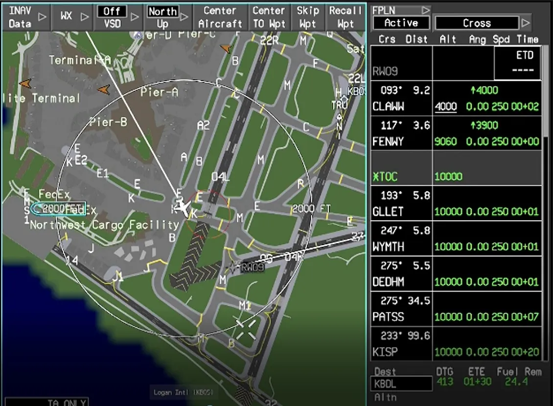 Dassault EASy IV airport moving map in two dimensions next to the flight plan page
