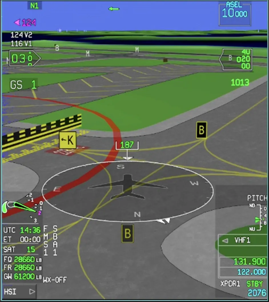 Dassault EASy IV airport moving map in a three-dimensional view of runways and taxiways