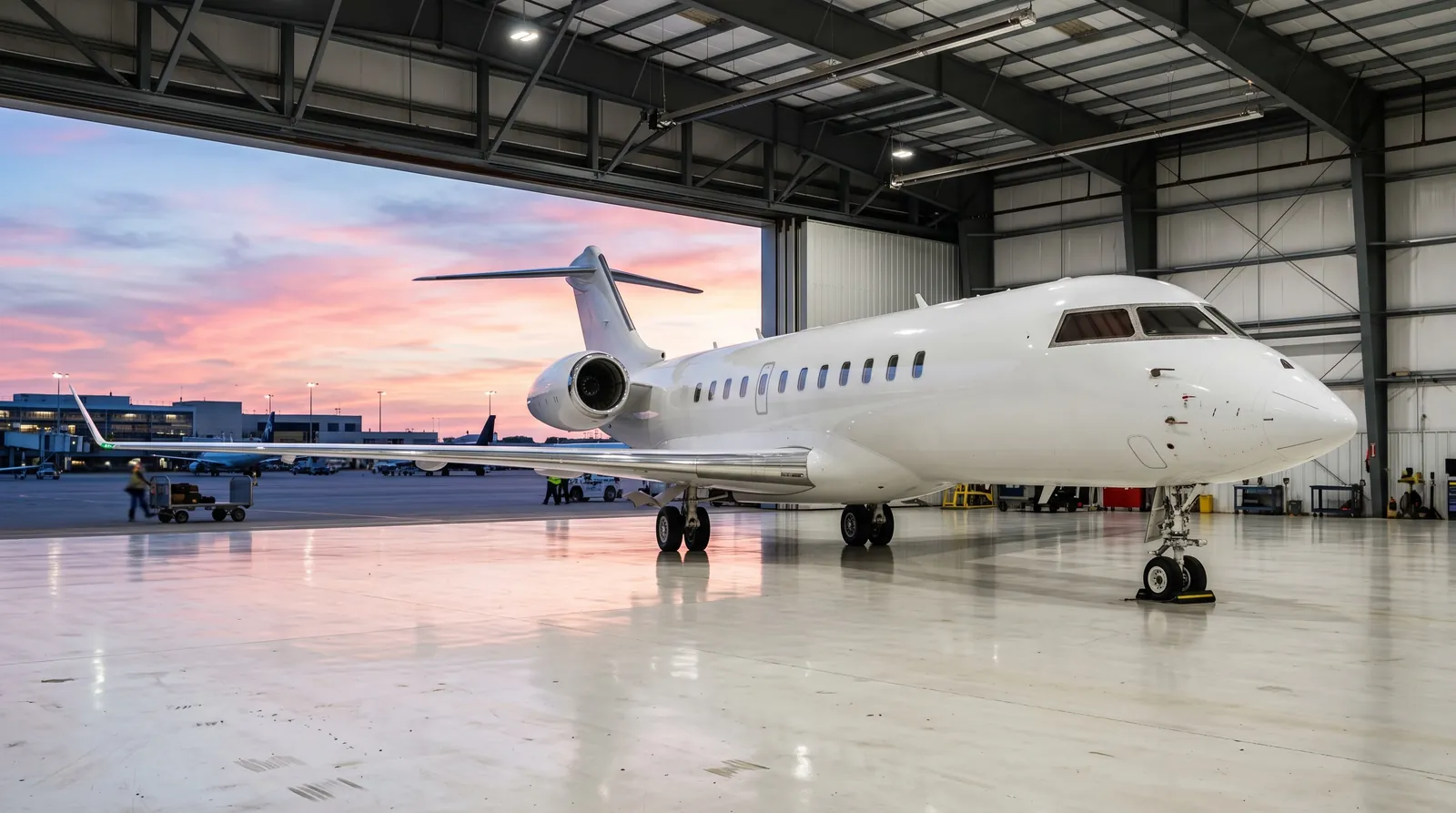 Large twin-engine business jet parked in a bright hangar with the door open to an evening apron.