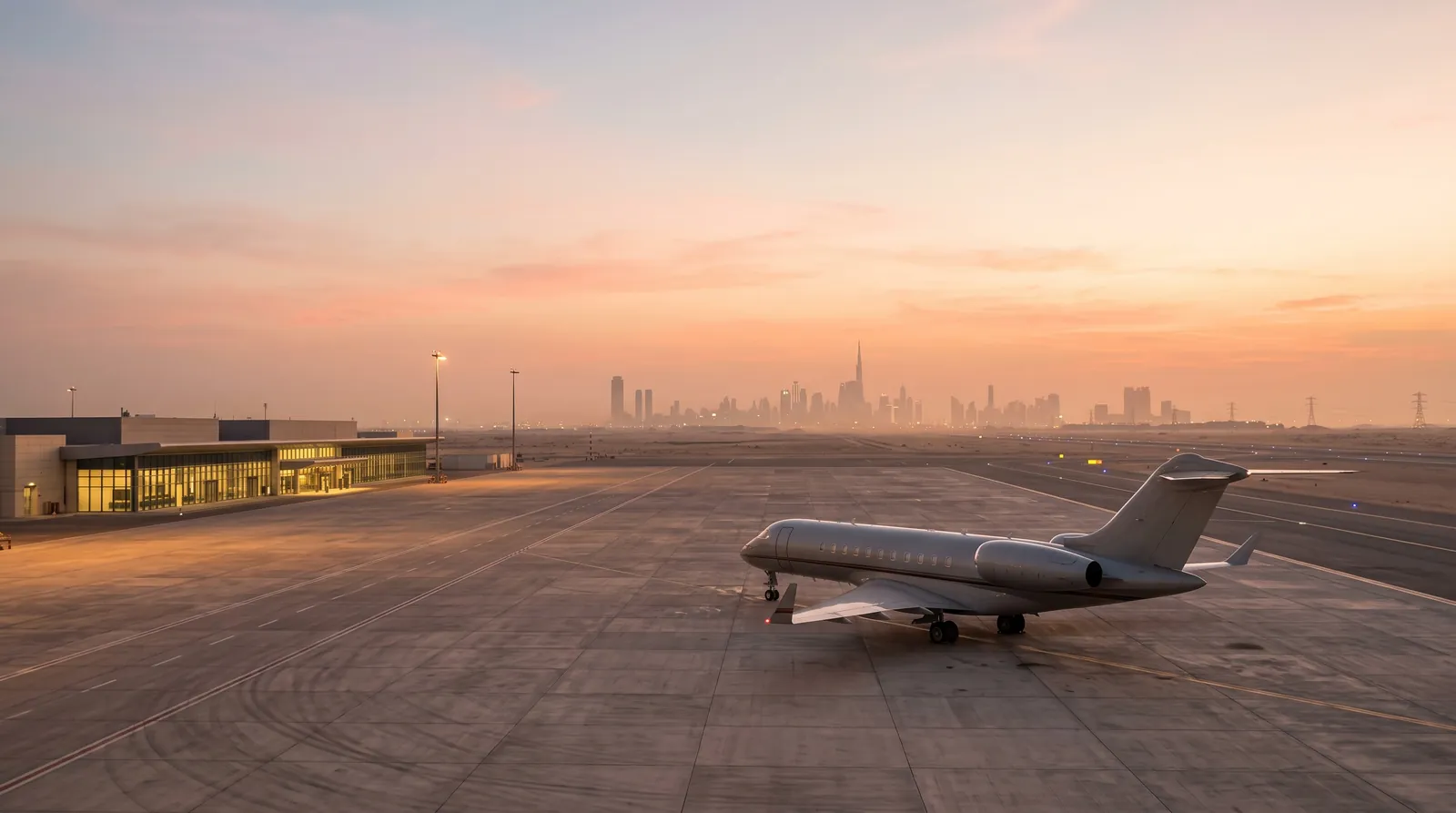 Large business jet on a desert airport apron at dusk with a city skyline in the haze