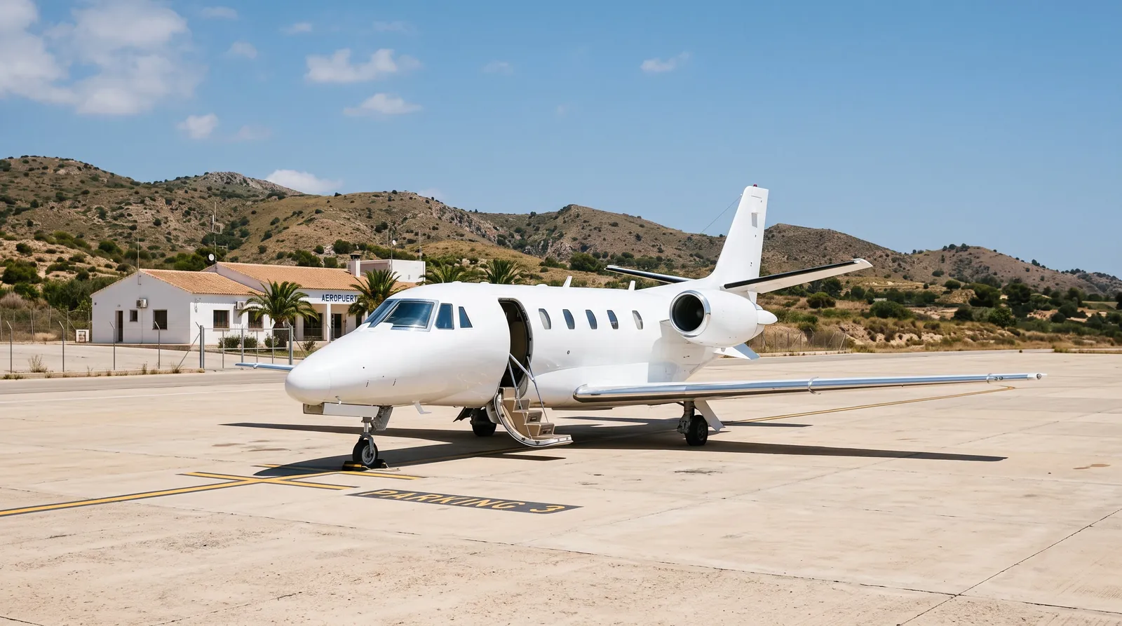 Light T-tail business jet with its airstair down at a sunny Mediterranean airport.