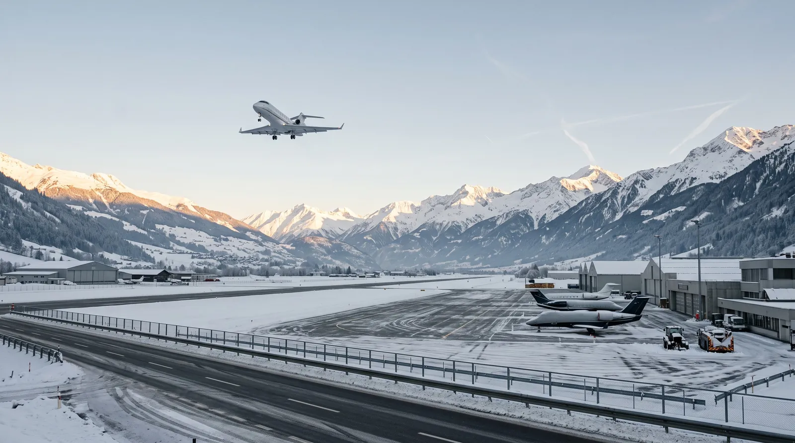 A business jet climbing away from an alpine airport with snowy peaks in low sun.