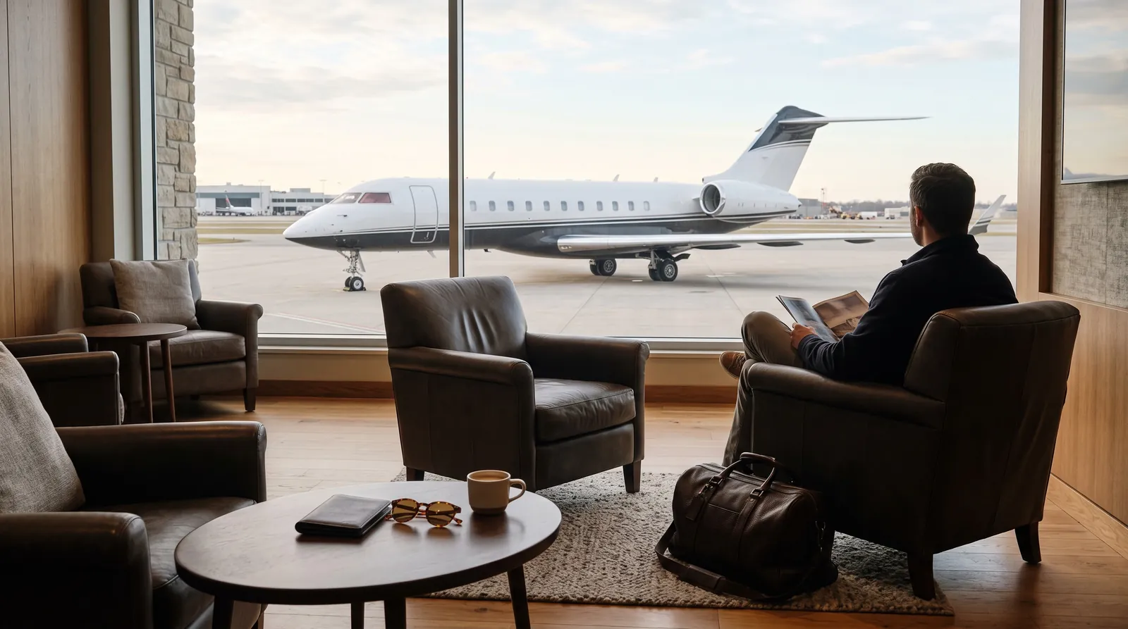 Private aviation lounge with a passport holder on a table and a jet outside the window