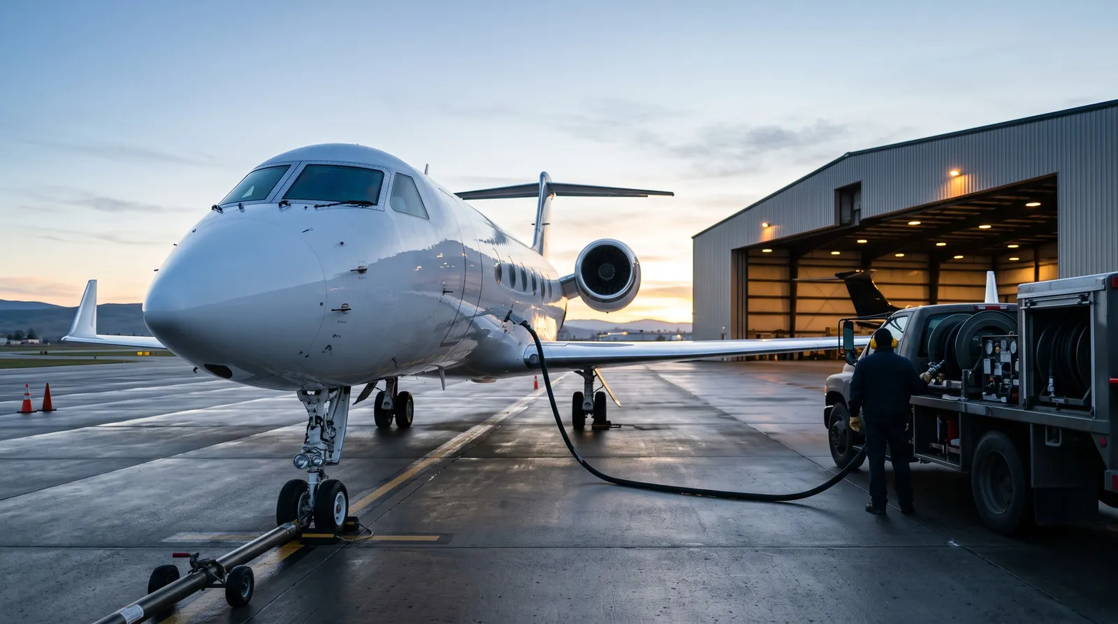 Fuel truck refuelling a large business jet on an apron in early morning light