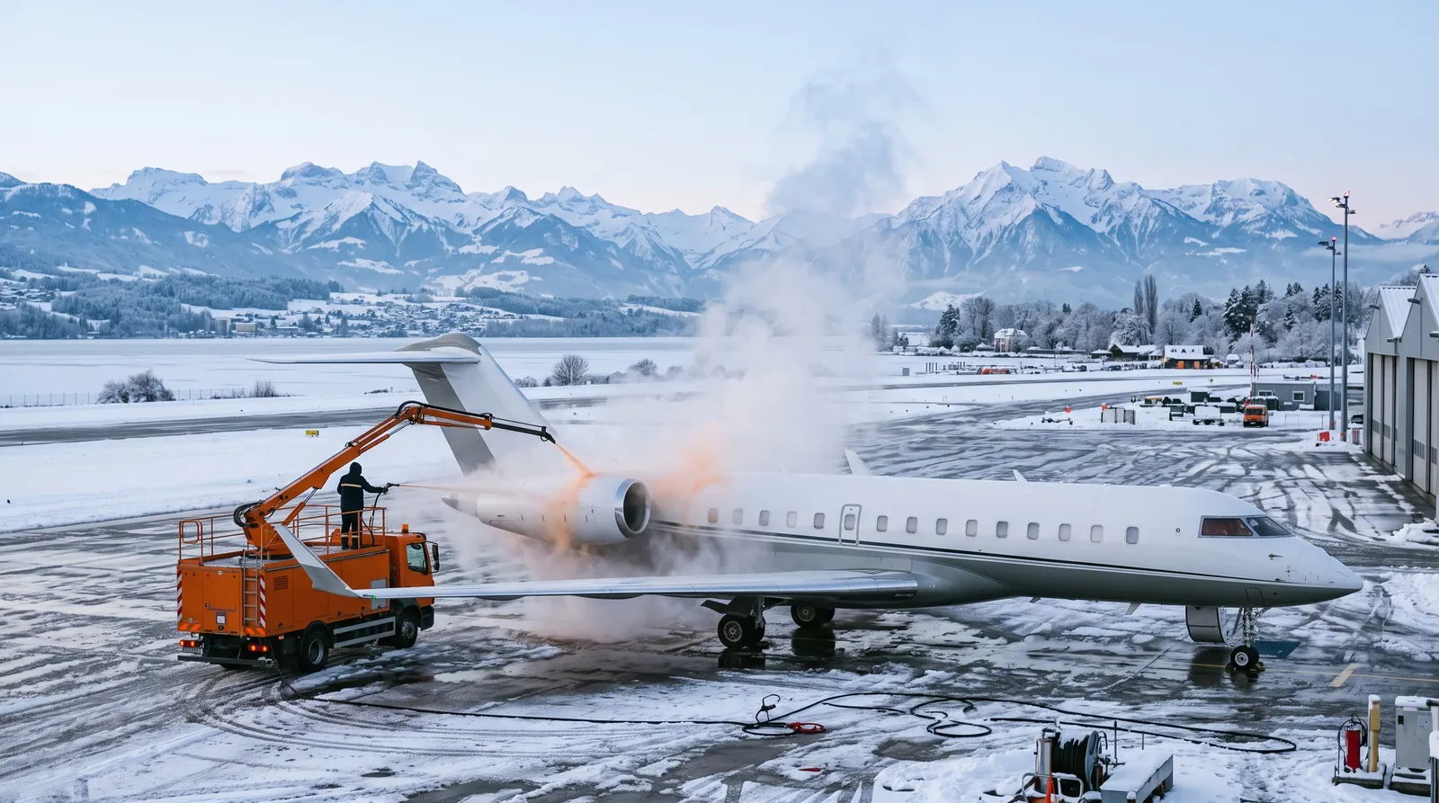 Business jet being de-iced on a snowy apron with Alpine peaks on the horizon