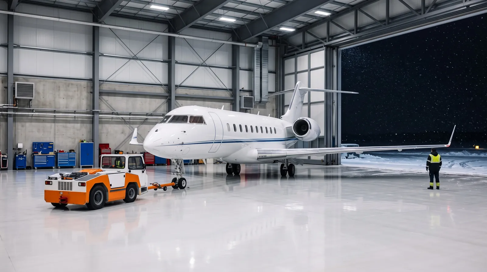 Business jet parked in a clean, brightly lit hangar with snow on the apron outside