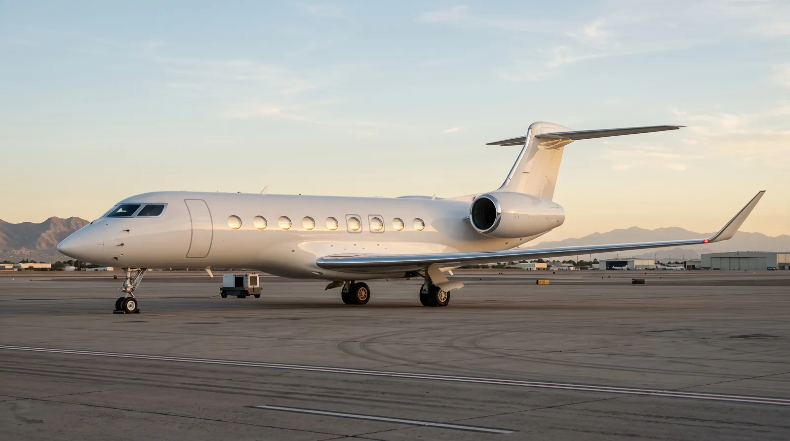 Large long-range business jet with oval cabin windows parked on an apron at golden hour.