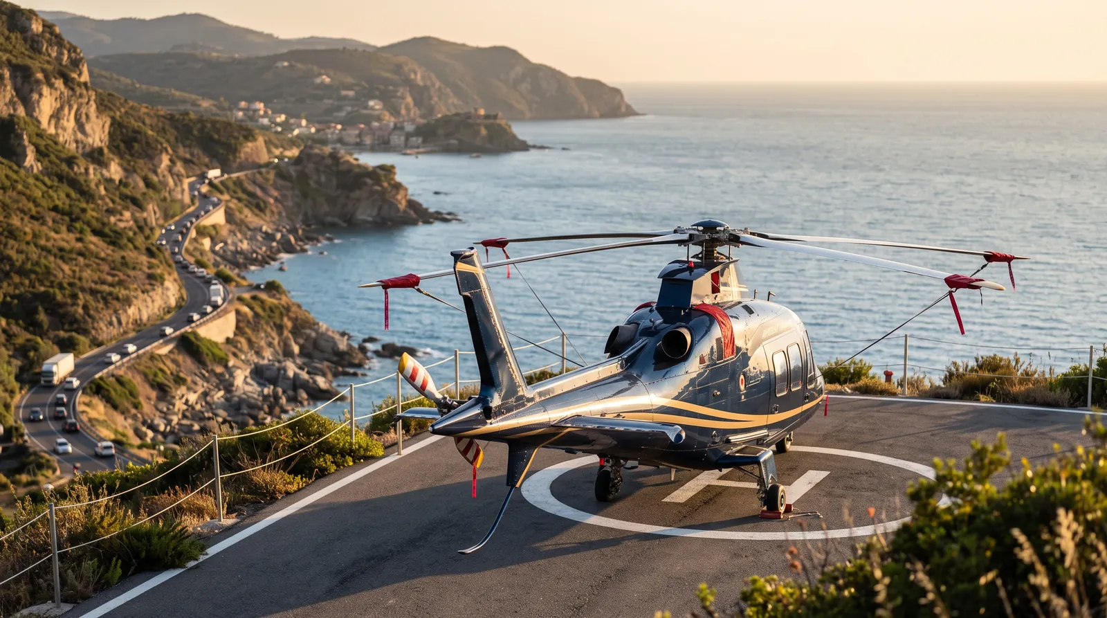 Executive helicopter on a coastal helipad above a winding road with slow traffic