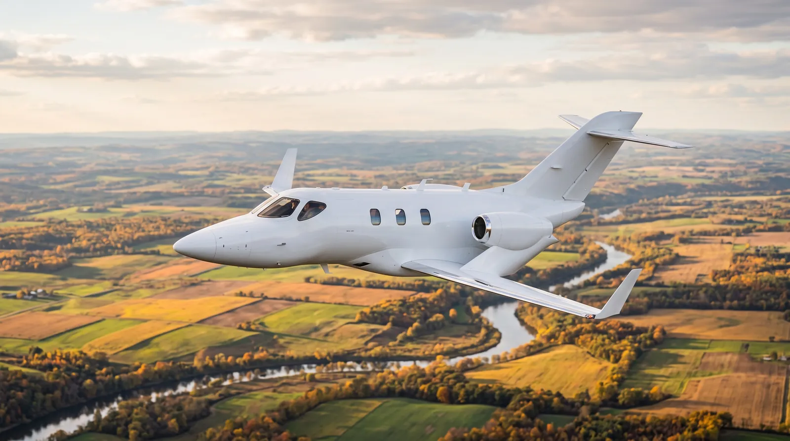 Very light business jet with engines above the wings flying over autumn fields and a river.