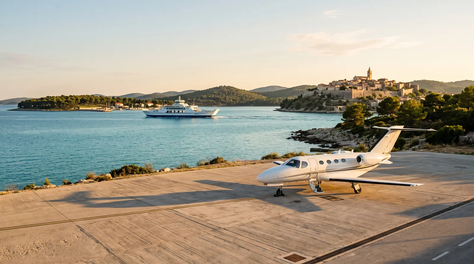 Light jet on a Mediterranean island apron at golden hour, with a hilltop old town and the sea