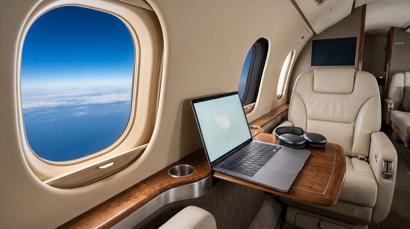 Open laptop on a business jet side ledge beside an oval window above the ocean