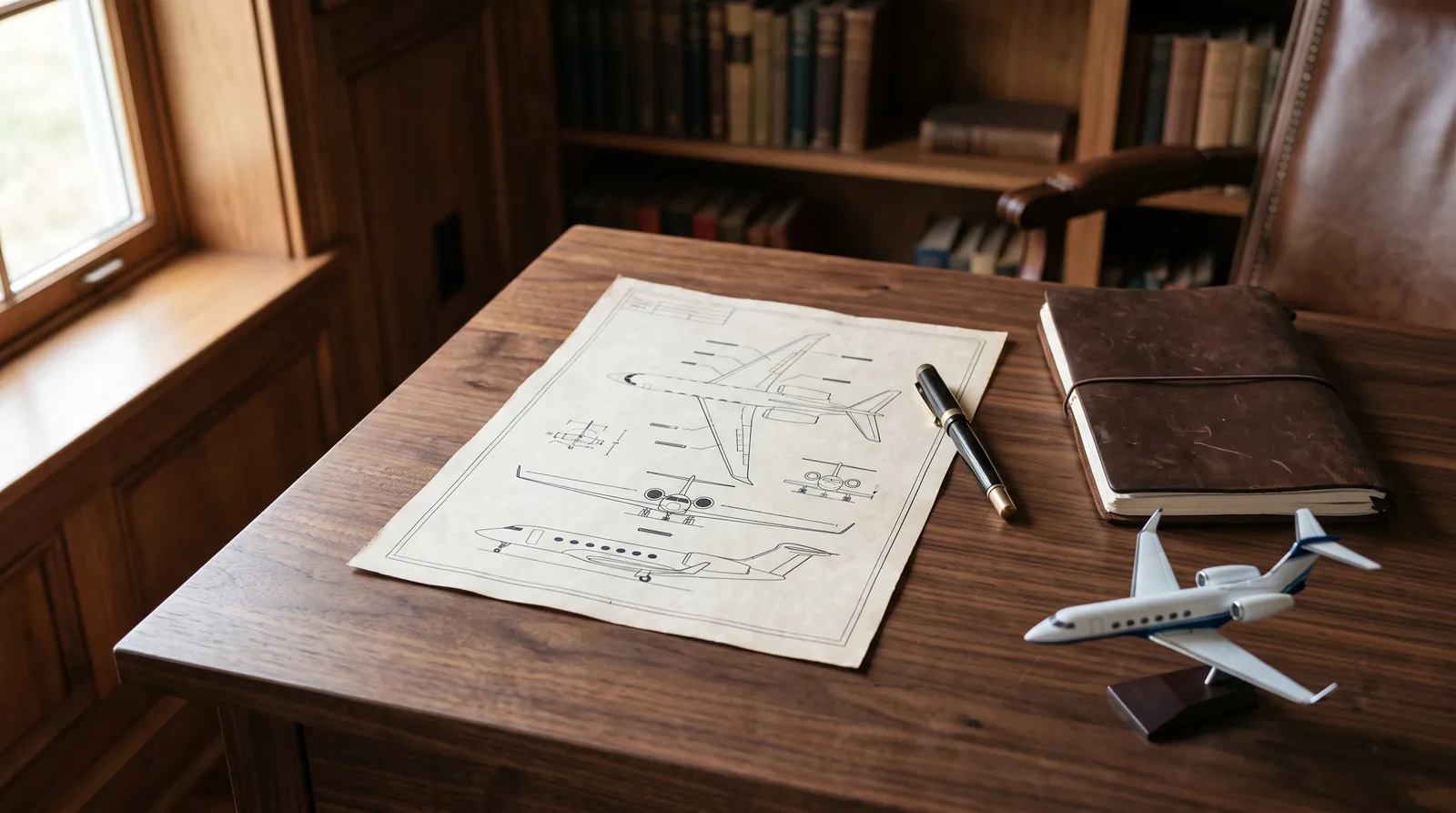 A desk with a business jet model, a fountain pen, a notebook and printed papers.
