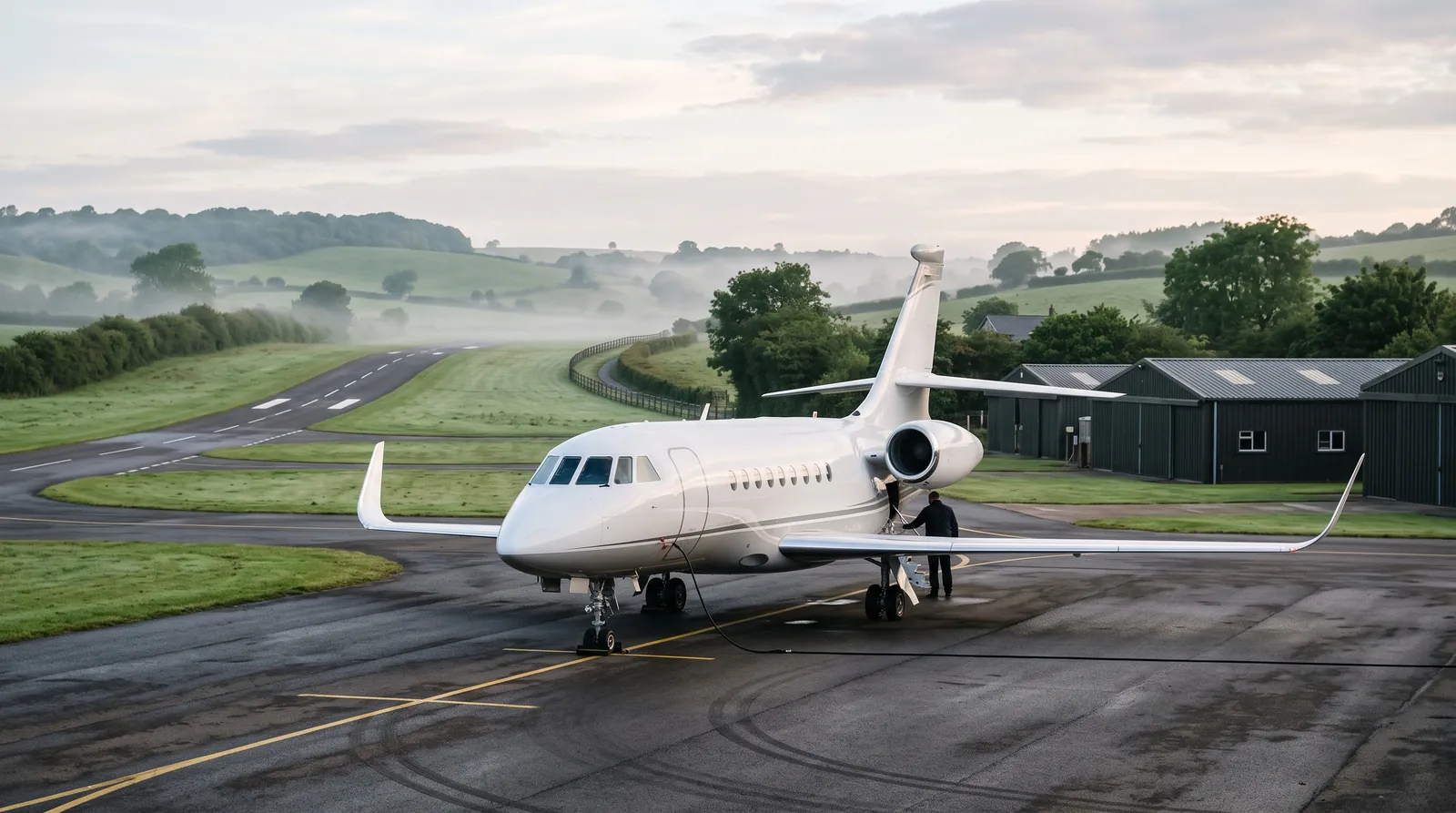Midsize business jet parked on a quiet countryside airport apron in morning mist