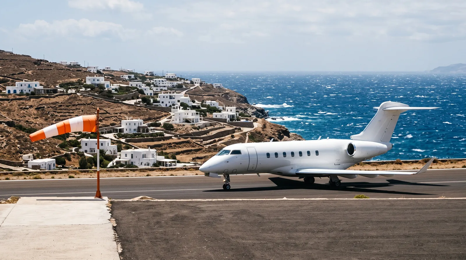 Business jet taxiing at a Greek island airport with white houses, windswept sea and a windsock