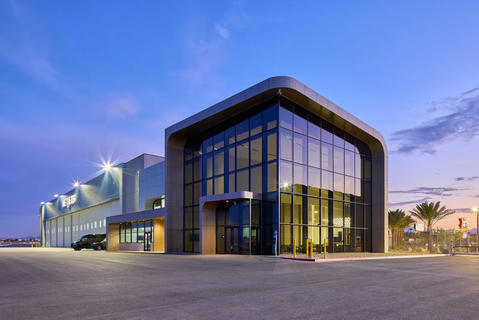 NetJets private terminal and hangar at Harry Reid International Airport in Las Vegas at dusk