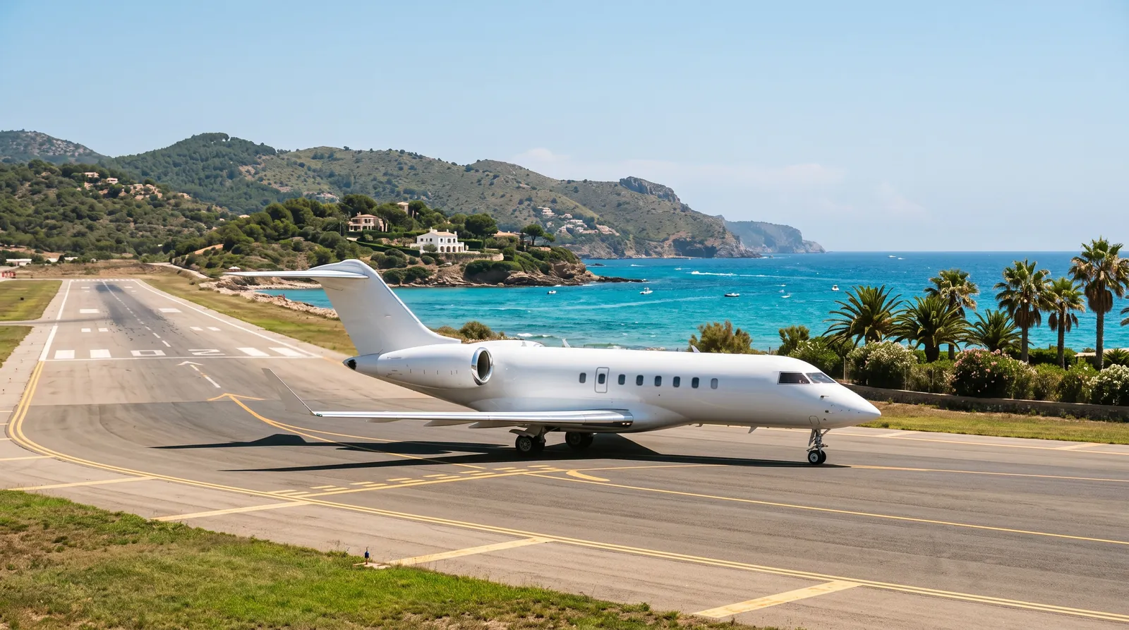Business jet taxiing beside the Mediterranean at a Riviera airport in summer