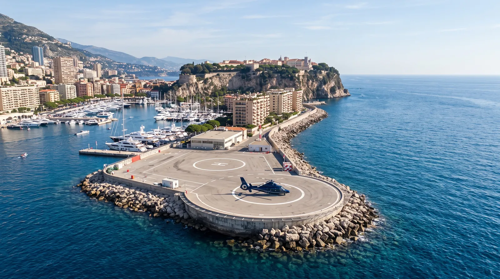 Heliport on reclaimed land beside the sea in Monaco with a helicopter on a pad