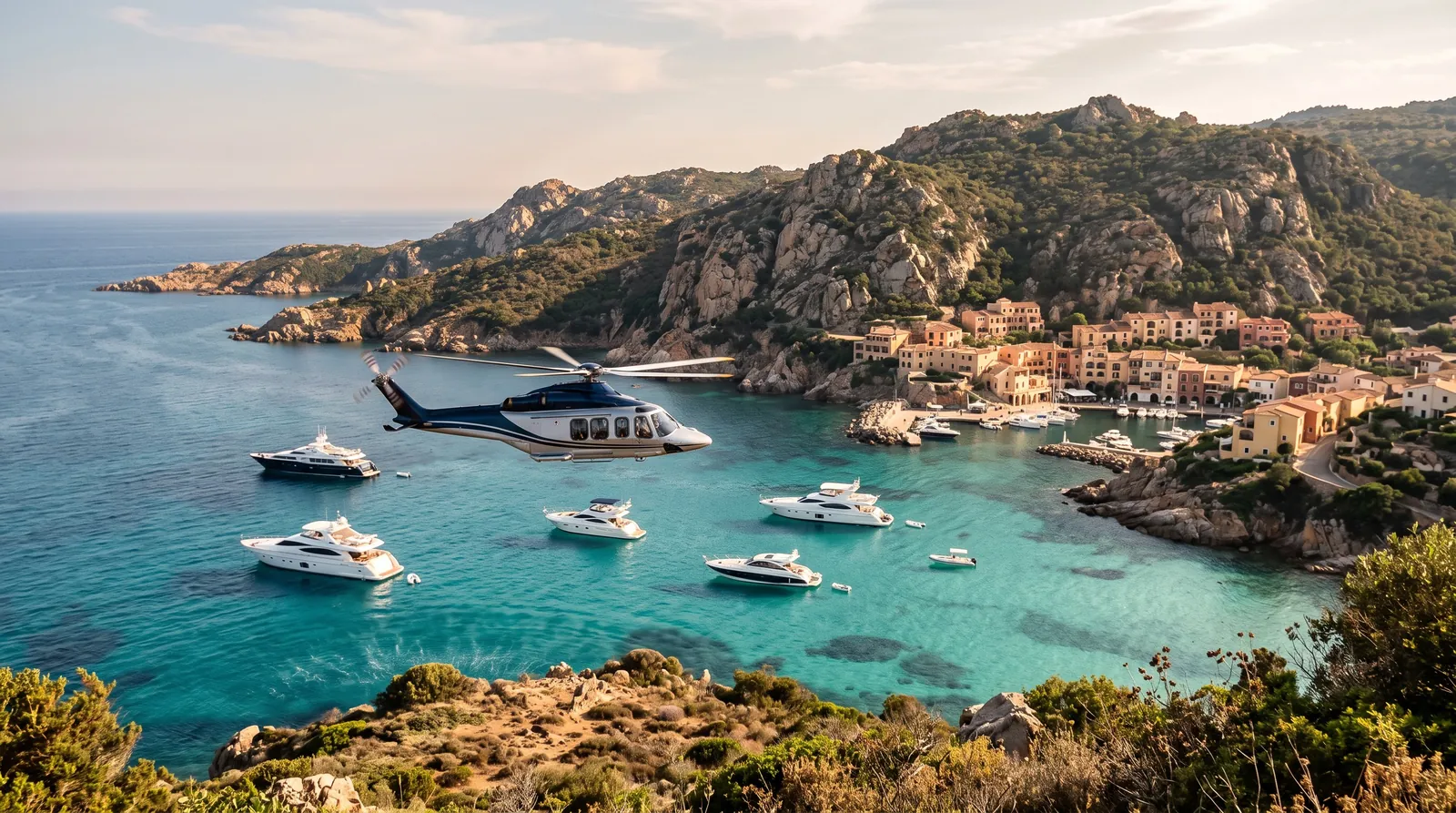 Helicopter over a turquoise bay with anchored yachts and a granite coastline in summer