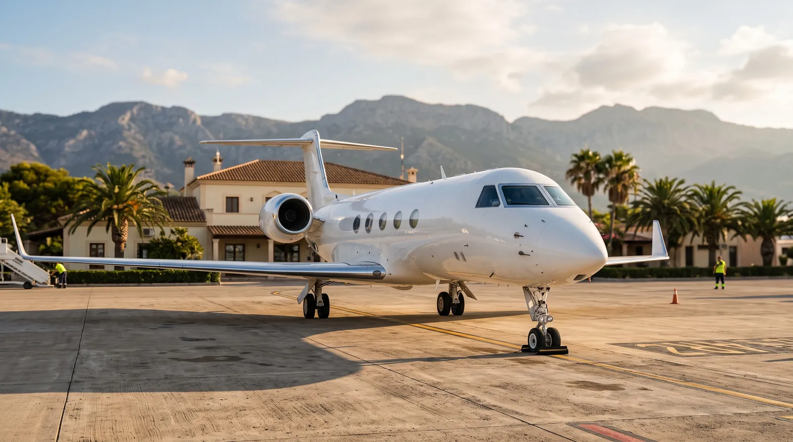 Business jet parked on a sunny island airport apron with mountains in the distance