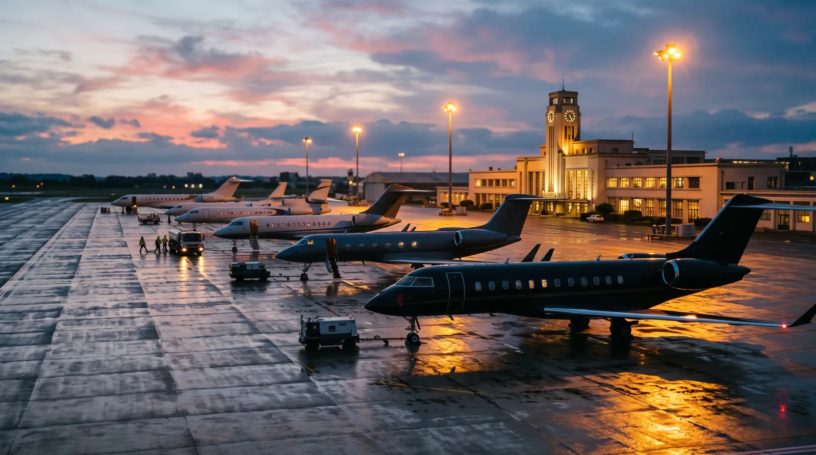 Row of business jets on a Paris airport apron at dusk with a historic terminal