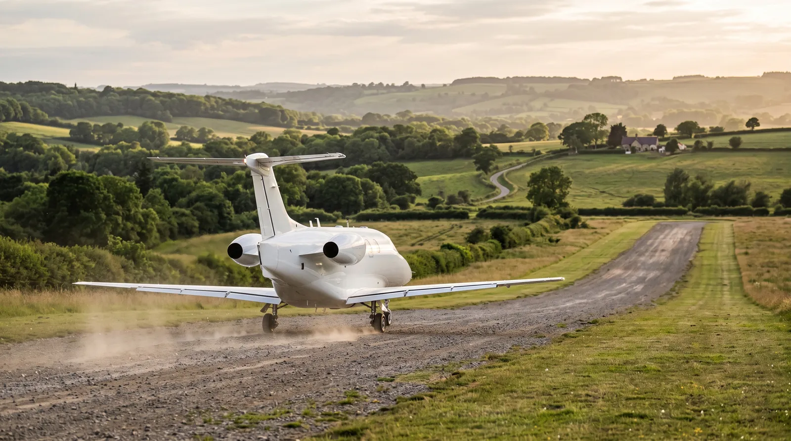 Compact business jet landing on a gravel and grass airstrip in open countryside at dusk.